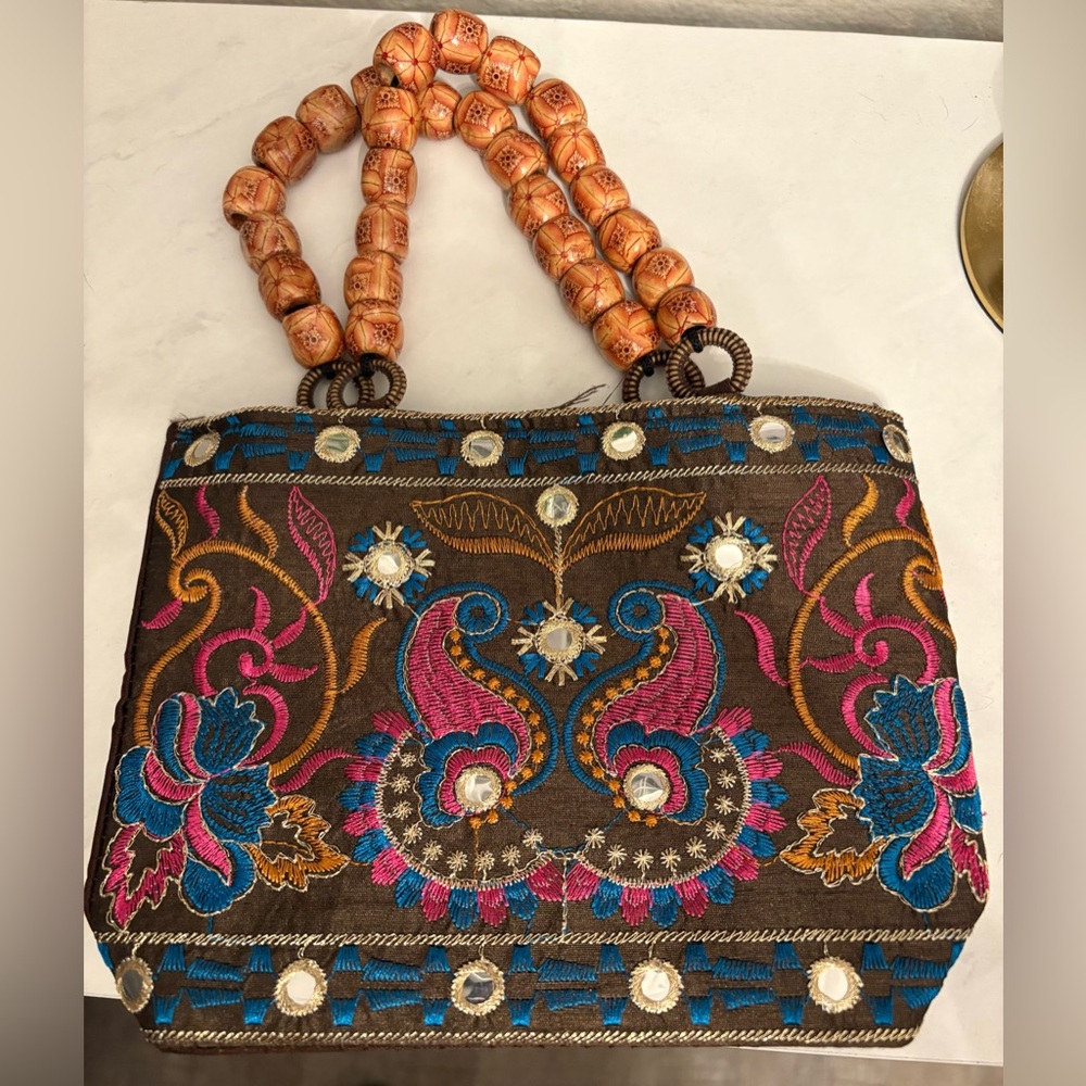 Embroidered Brown Handbag with Wooden Handles